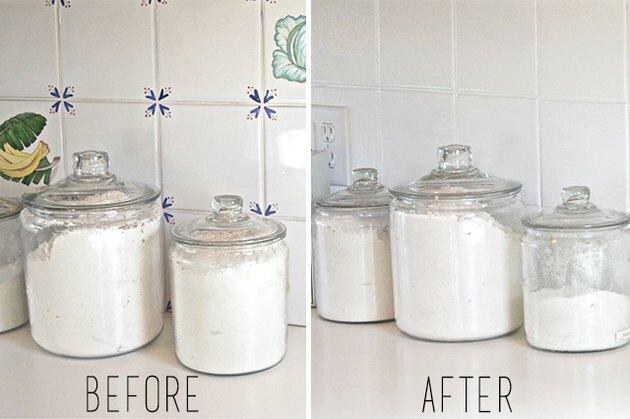 Prije i poslije fotografije obojenih kuhinjskih pločica