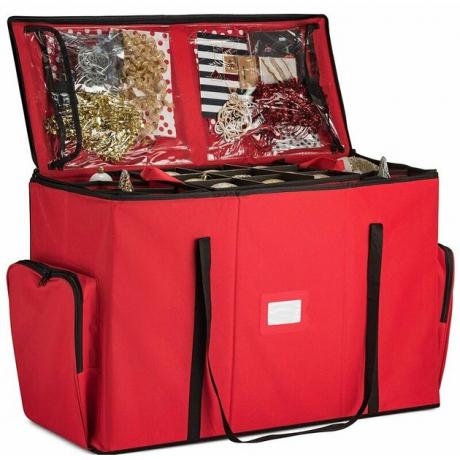 Saco de armazenamento de ornamento vermelho com alças e bolsos de plástico transparente