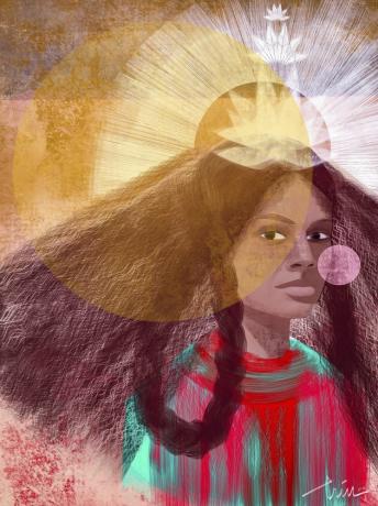 Retrato estilizado de mulher com cabelo escuro e tranças com camadas de sol