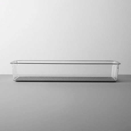 Organizador de gaveta para utensílios de acrílico transparente em fundo cinza