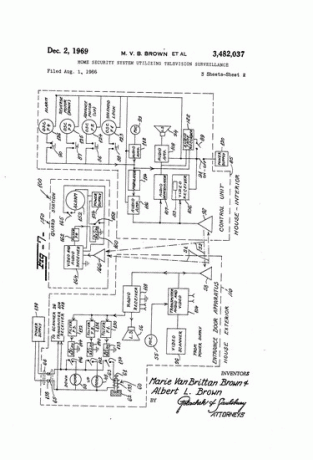 Patente 3.482.037 mostrando um diagrama do sistema de segurança de Marie Van Brittan Brown