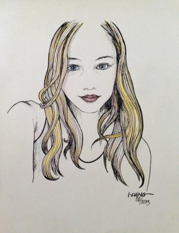 Desenho a caneta do retrato de uma jovem loira vestindo uma camiseta