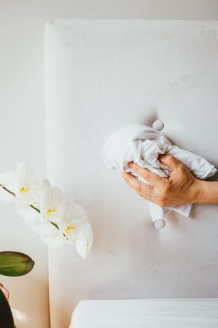 Absorva o excesso de umidade antes de limpar a cabeceira estofada