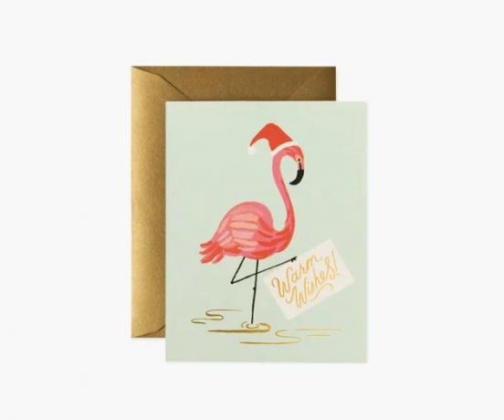 flamingo com cartão comemorativo de "votos calorosos"