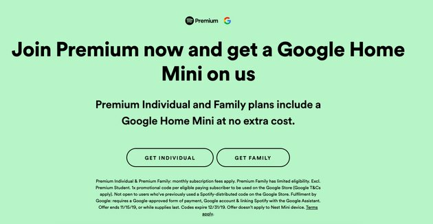 captura de tela do site spotify com o cabeçalho "junte-se ao premium agora e obtenha um mini-google home conosco"