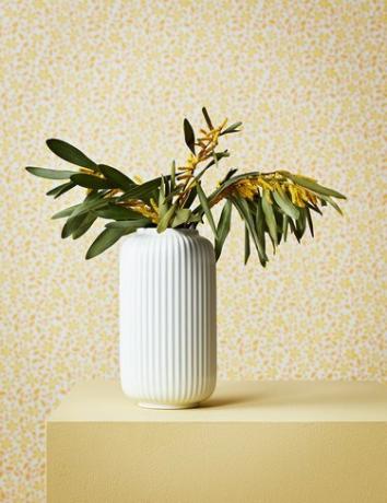 valkoinen huilullinen maljakko, jossa on kasvi keltaisella pöydällä, taustalla keltainen kuvioitu seinä