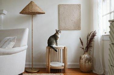 Un gato encima de una torre para gatos con moldura de madera y tejido bouclé; una sala de estar con tema beige y blanco
