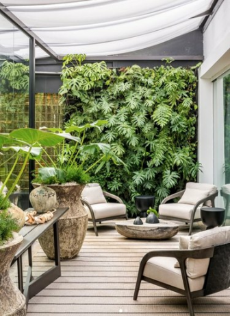 Patio zal muur van monstera, lounge stoelen, grote potplant.