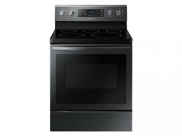 Samsung 5,9 cu. pés Gama elétrica independente com Air Fry e Convecção em aço inoxidável preto, forno de fogão ecológico de US $ 989