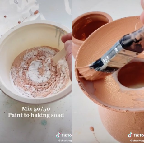 imagem lado a lado do vídeo TikTok mostrando como fazer potes de terracota