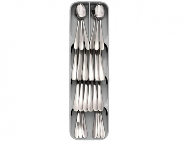 Organizador de gaveta de utensílios cinza com gavetas para talheres diversos
