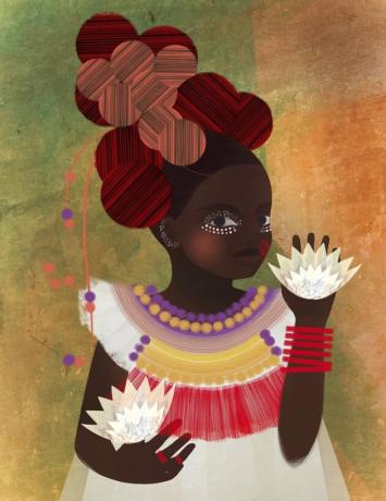 Retrato de estilo colagem com uma jovem em um vestido decorativo, segurando flores e com adornos estampados na cabeça
