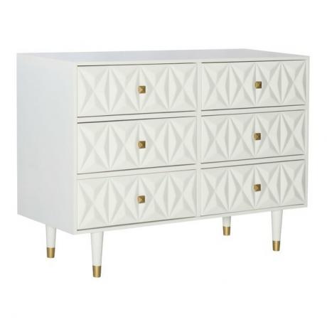 Meubel dressoir Hollywood Regency met geometrische details en koperen treklipjes in een witte afwerking