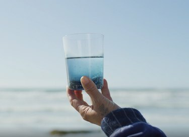 osoba koja drži čašu s vodom s oceanom u pozadini