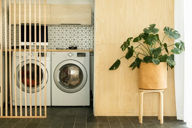 Wasmachine en droger, met plant in moderne plantenbak