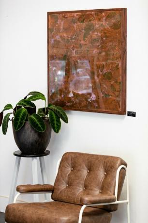 Lucrări de artă pe perete peste scaun din piele și plantă cu plantă verde