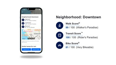 Kuva Zillow Bike Scoresta, Transit Scoresta ja Walk Scoresta Zillow-sovellukselle avoimen puhelimen vieressä