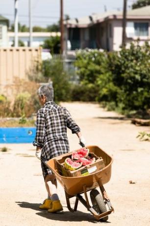 Werknemer bij de Fremont Community Garden