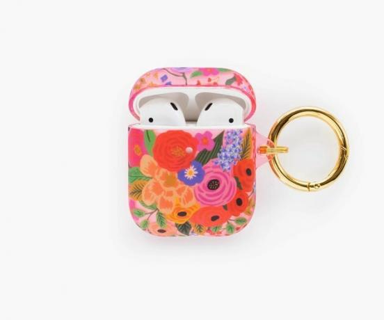 estojo para airpods com padrão floral com airpods dentro