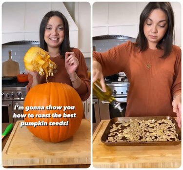 Due immagini: a sinistra, la lifestyle blogger Virginia H Lane è nella sua cucina, con in mano la cima di una zucca. Il testo bianco recita: 