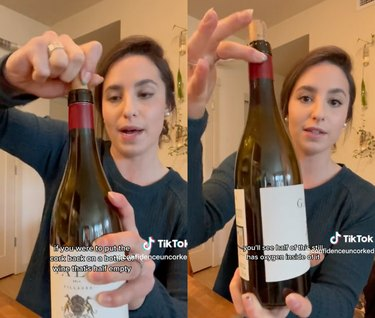 Split-screen billede af en kvinde, der propper en vinflaske og peger på den.