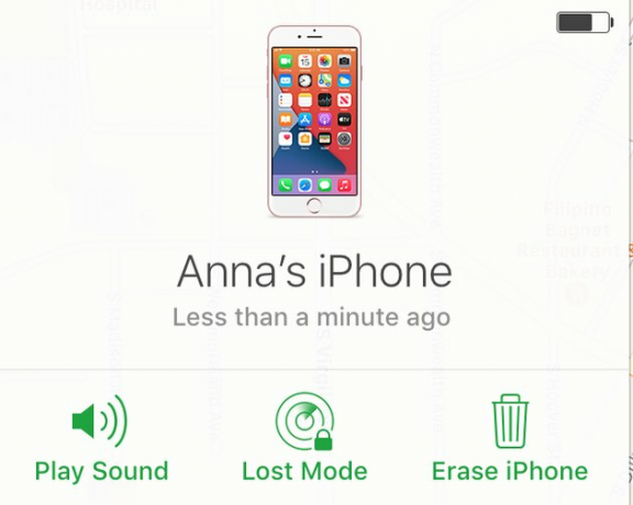 encontrar captura de tela de hack do iphone mostrando reproduzir som, modo perdido e apagar iphone