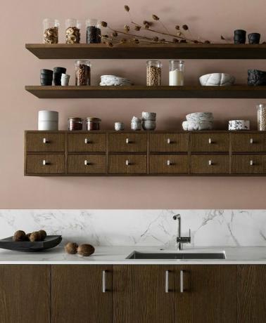 calda idea di colore della cucina con pareti rosa e scaffalature in legno