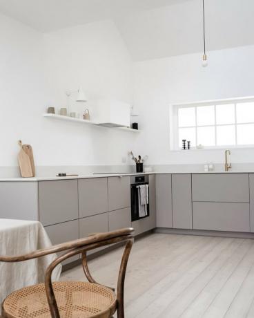 Cozinha moderna com armários de cozinha de tela plana cinza e decoração simples