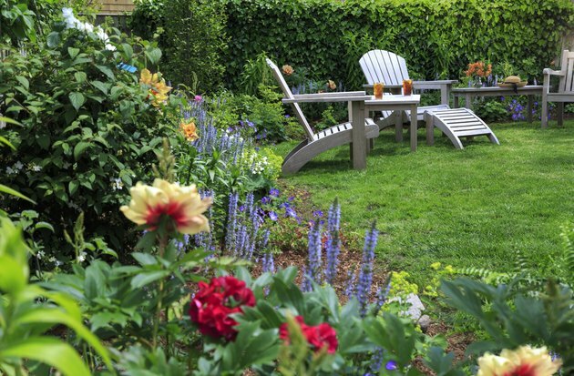 Jardín trasero con peonías y dos sillas.