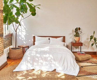Um quarto cheio de uma cama branca e plantas