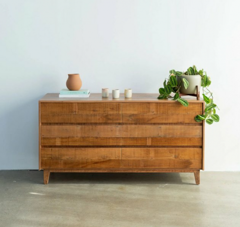 móveis ecológicos com cômoda de madeira com decoração e planta de casa