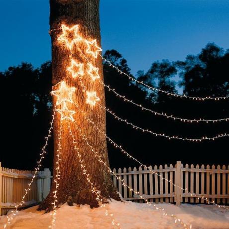 exterieur kerstversiering met witte geregen lichten met witte ster lichten op boomstam.