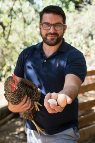 Adam Kawalek con pollo y huevos