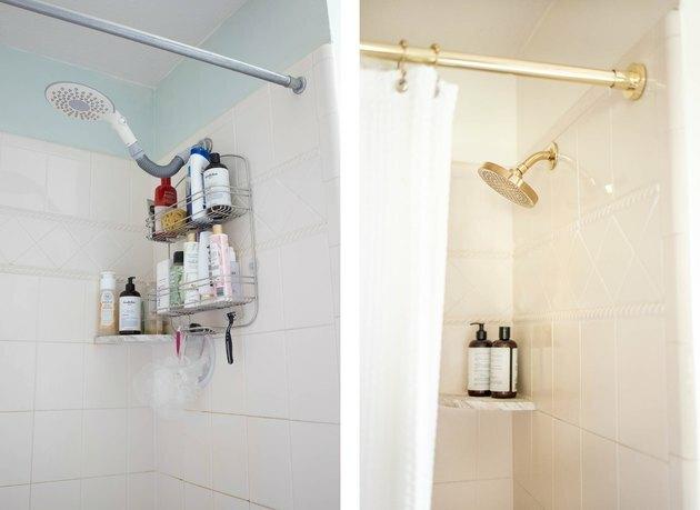 Antes e depois do chuveiro do banheiro e varão da cortina do chuveiro