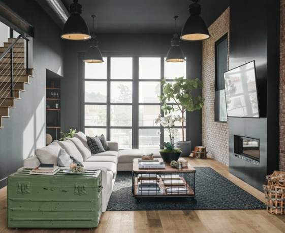 ideeën voor een familiekamer met tv boven een moderne open haard met een sectionele bank