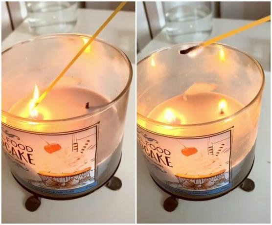 vela de banho e trabalho corporal acesa com fio de espaguete