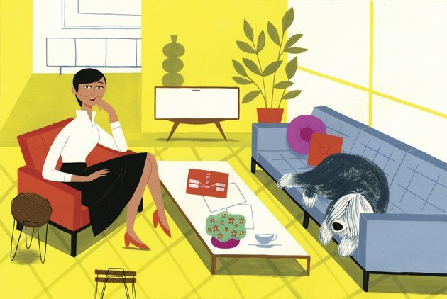 ilustração de Florence Knoll em uma sala com sofá azul e paredes amarelas