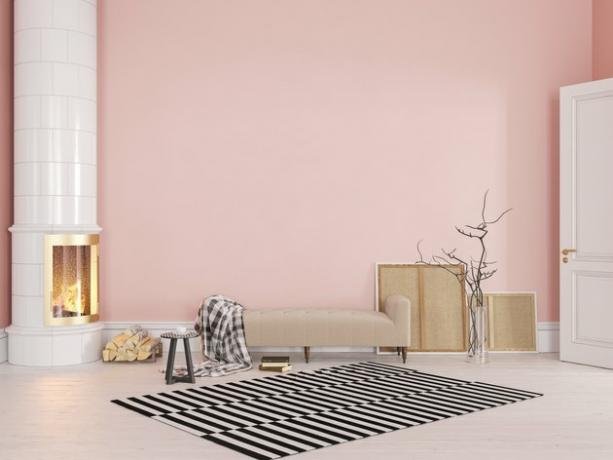 Pinkki skandinaavinen, klassinen sisustus, jossa sohva, liesi, takka, matto. 3d mallinnus malli.