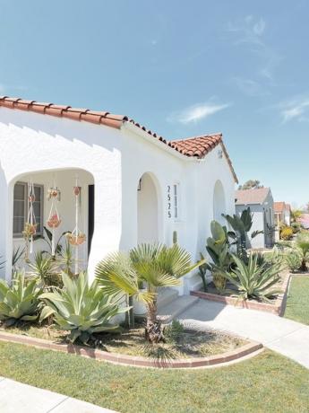 witte traditionele stucwerk huizen met rode dak en woestijn landschapsarchitectuur