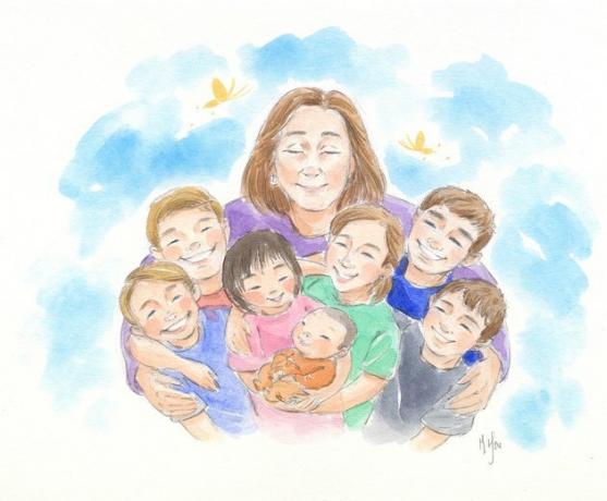 Retrato de família de uma grande família em aquarela