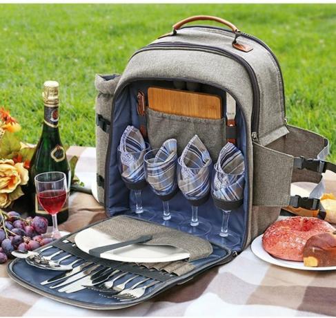 Armazenamento cinza para mochila / piquenique com quatro copos de vinho, pratos e talheres
