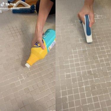 dos capturas de pantalla de un video de tiktok que muestra a una persona limpiando lechada