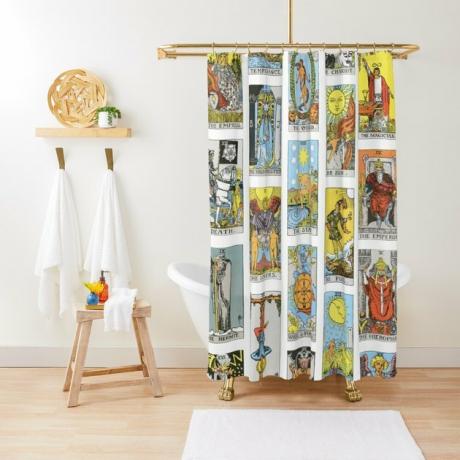 Cortina de chuveiro branca Rider Waite Smith Major Arcana Projetada por TheTarotShop