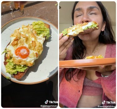 screenshot di tiktok toast all'avocado con uovo fritto all'aglio