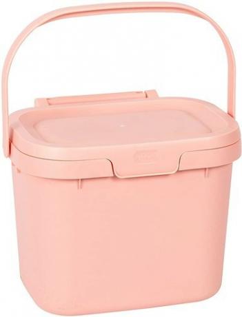 vaaleanpunainen kompostisäiliö kantokahvalla