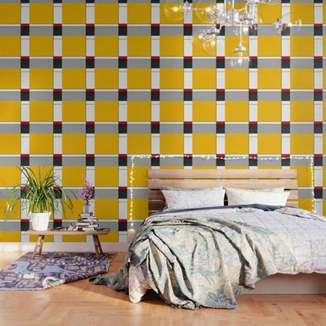Papel de parede Bauhaus vermelho amarelo e azul no quarto