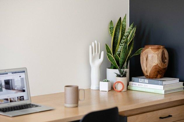 Mesa de escritório em casa com computador, planta de cobra e acessórios de mesa