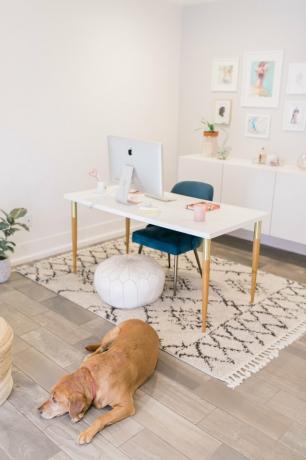 Domáca kancelária Feng Shui v domácej kancelárii boho glam so vzorovaným kobercom a zelenou stoličkou