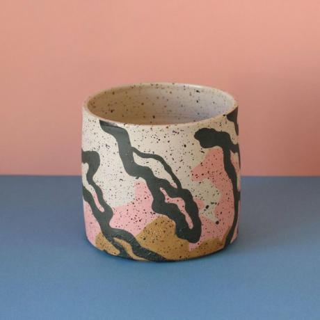Vaso de cerâmica artesanal de cerâmica contemporânea rosa, cinza e ocre