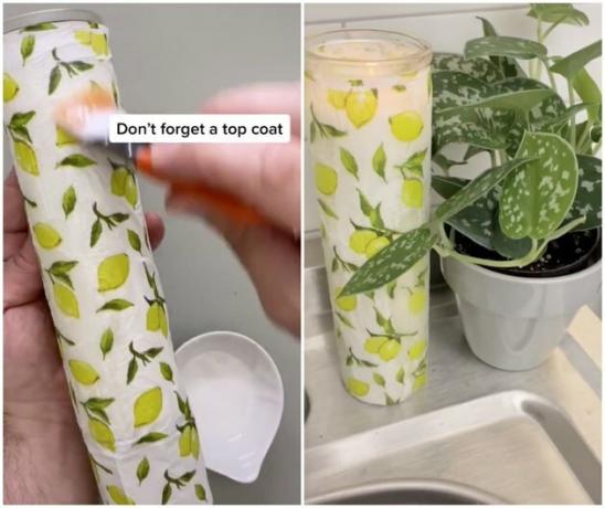 guardanapo de limão sendo colocado em um frasco de vela simples com mod podge